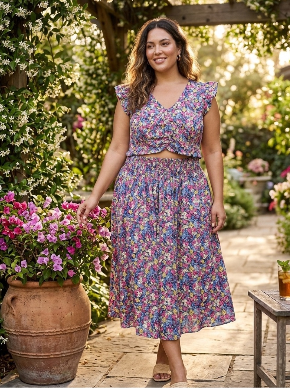 Purple Floral 2-Piece Matching Set | Ruffle V-Neck Crop Top & Midi Skirt 2XL
